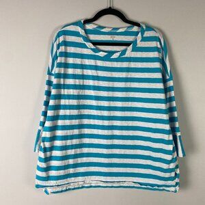 Coldwater Creek T Shirt Womens 1X Blue White Stripe 3/4 Sleeves Cotton